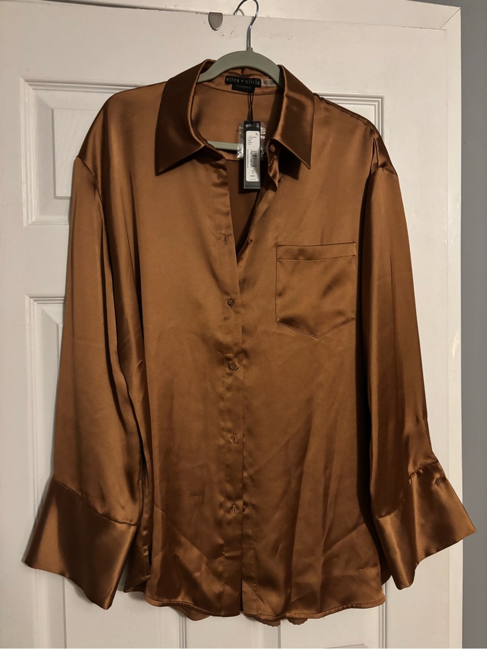 Alice + Olivia ladies Satin Button-Down Shirt in Bronze